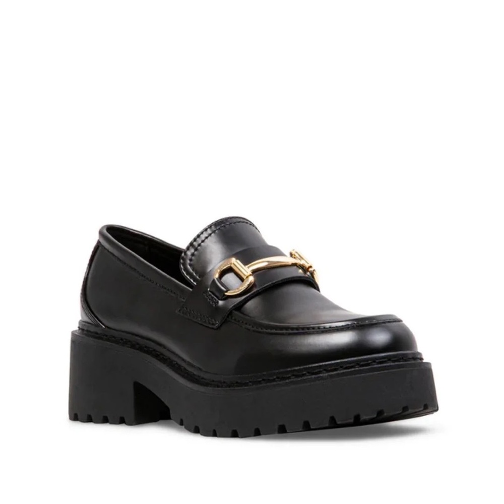 Steve Madden Black Leather Chunky Loafers with Gold Bit
